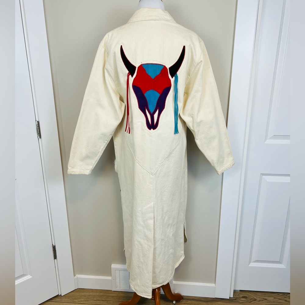 Vintage Cream Long Coat with Colorful Bull Skull Design